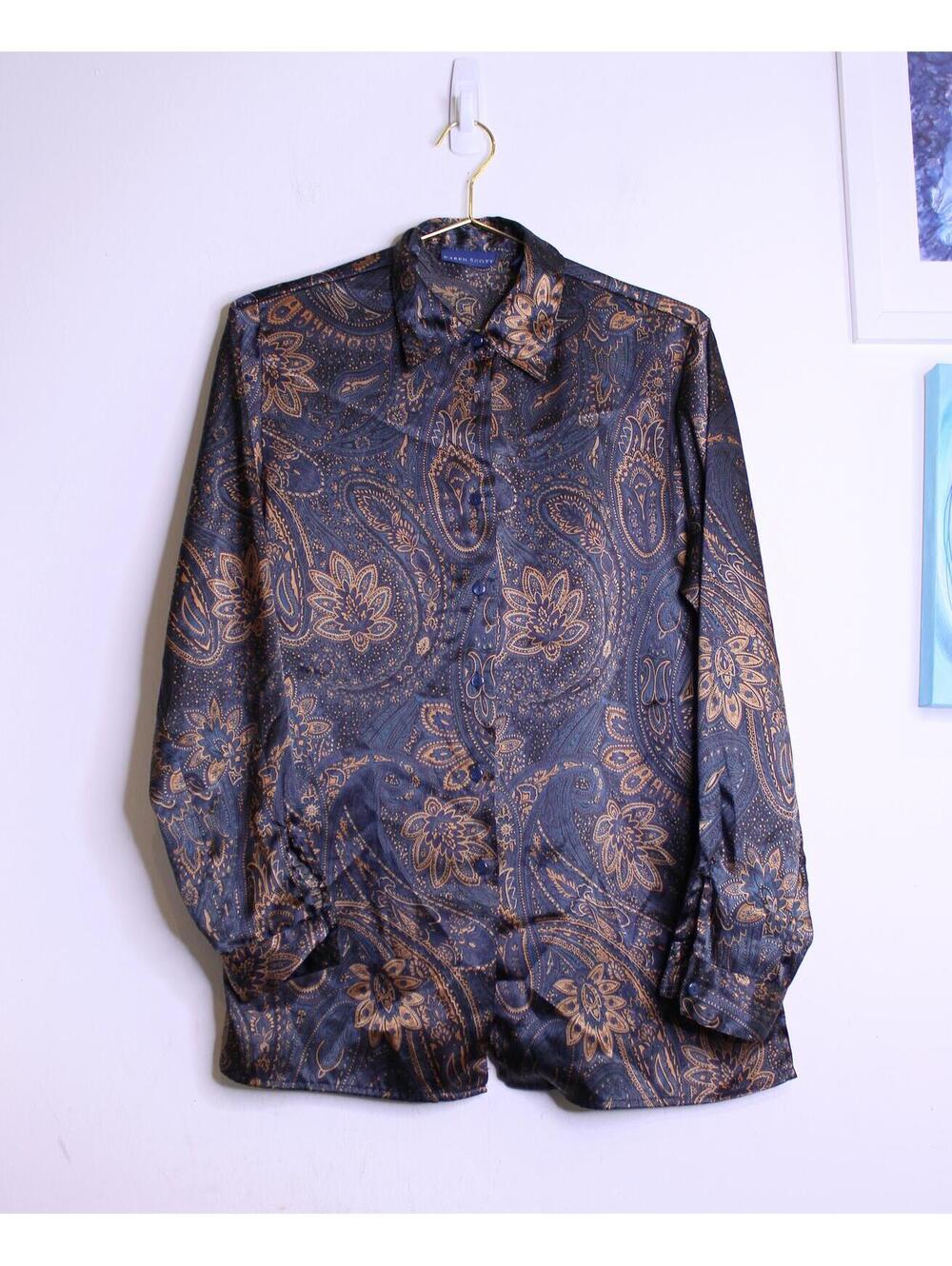 Navy Blue & Tan Paisley Satin Button Down Blouse - Small